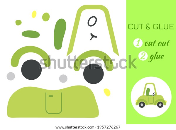 Cut and glue paper cartoon green car. Cut\
and paste craft activity page. Educational game for preschool\
children. DIY worksheet. Kids logic game, activities jigsaw. Vector\
stock illustration.