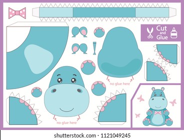 Cut and glue the paper cartoon hippo boy. Create Paper toy animal yourself. Children funny riddle worksheets. Activity page. Puppet show. Kids art game for book. Craft handmade. Vector illustration.