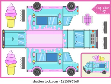 Cut and glue the paper a cartoon ice cream truck. Worksheet with funny education riddle. Children game. Kids crafts activity page. Create toys yourself. Birthday decor. Vector illustration.