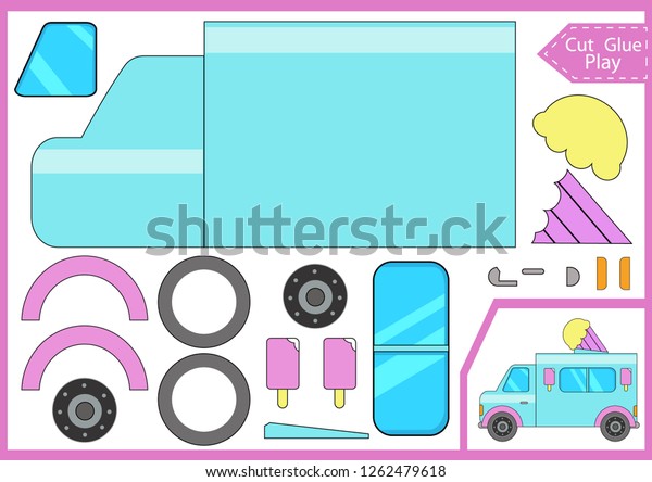Cut\
and glue the paper a cartoon ice cream car. Worksheet with funny\
education riddle. Children game. Kids crafts activity page. Create\
toys yourself. Birthday decor. Vector\
illustration.