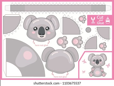 Cut and glue the paper cartoon koala. Create Paper toys animal yourself. Children funny riddle entertainment and amusement. Puppet show. Kids art game for book. Make handmade toy. Vector illustration.