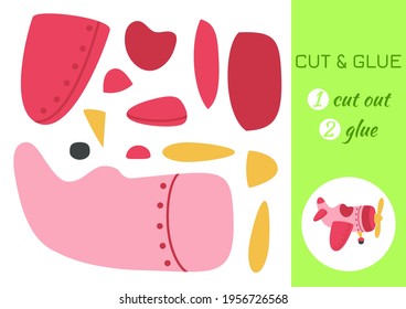 Cut and glue paper cartoon pink plane. Cut and paste craft activity page. Educational game for preschool children. DIY worksheet. Kids logic game, activities jigsaw. Vector stock illustration.