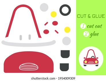 Cut and glue paper cartoon red car. Cut and paste craft activity page. Educational game for preschool children. DIY worksheet. Kids logic game, activities jigsaw. Vector stock illustration.