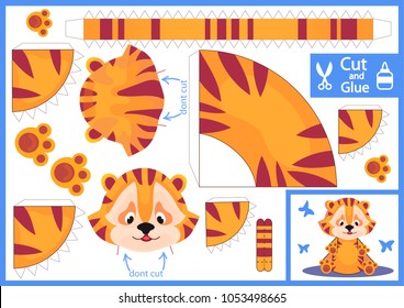 Cut and glue the paper cartoon tiger. Create Paper toys kitten yourself. Children funny riddle entertainment and amusement. Puppet show. Kids art game and jigsaw. Handmade toy. Vector illustration.