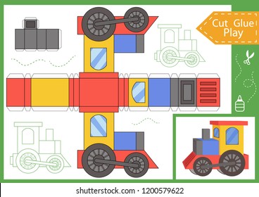 Cut and glue the paper a cartoon train. Worksheet with funny education riddle. Children art game. Kids crafts activity page. Create toys yourself. Birthday decor. Vector illustration.