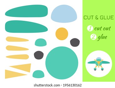 Cut and glue paper cartoon turqoise plane. Cut and paste craft activity page. Educational game for preschool children. DIY worksheet. Kids logic game, activities jigsaw. Vector stock illustration.