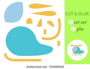 Cut and glue paper cartoon turquoise helicopter. Cut and paste craft activity page. Educational game for preschool children. DIY worksheet. Kids logic game, activities jigsaw. Vector illustration
