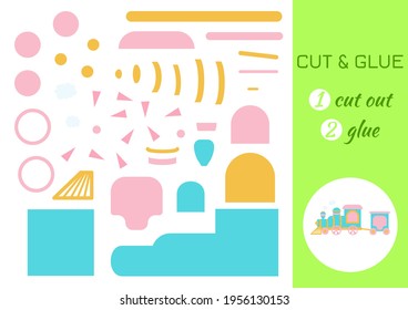 Cut and glue paper cartoon turquoise train. Cut and paste craft activity page. Educational game for preschool children. DIY worksheet. Kids logic game, activities jigsaw. Vector stock illustration.