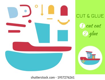 Cut and glue paper cartoon turquoise ship. Cut and paste craft activity page. Educational game for preschool children. DIY worksheet. Kids logic game, activities jigsaw. Vector stock illustration.