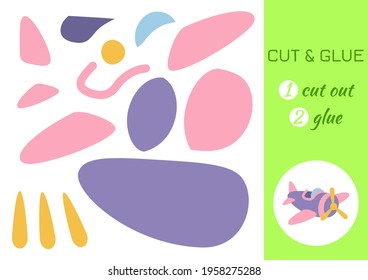 Cut and glue paper cartoon violet plane. Cut and paste craft activity page. Educational game for preschool children. DIY worksheet. Kids logic game, activities jigsaw. Vector stock illustration.