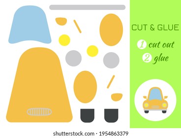 Cut and glue paper cartoon yellow car. Cut and paste craft activity page. Educational game for preschool children. DIY worksheet. Kids logic game, activities jigsaw. Vector stock illustration.