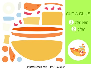 Cut and glue paper cartoon yellow ship. Cut and paste craft activity page. Educational game for preschool children. DIY worksheet. Kids logic game, activities jigsaw. Vector stock illustration.