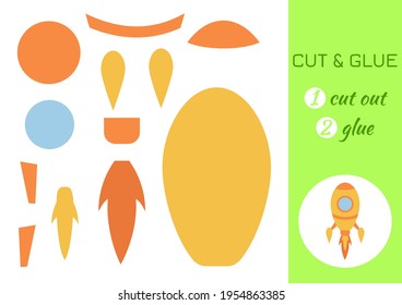 Cut and glue paper cartoon yellow rocket. Cut and paste craft activity page. Educational game for preschool children. DIY worksheet. Kids logic game, activities jigsaw. Vector stock illustration.