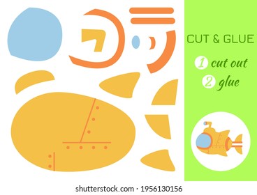 Cut and glue paper cartoon yellow submarine. Cut and paste craft activity page. Educational game for preschool children. DIY worksheet. Kids logic game, activities jigsaw. Vector stock illustration.