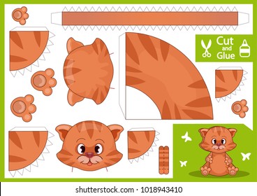 Cut And Glue The Paper Cat. Create Paper Toys Kitten Yourself. Children Funny Riddle Entertainment And Amusement. Puppet Show. Kids Art Game And Jigsaw. Handmade Toy. Vector Illustration.