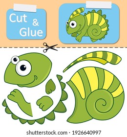 Cut and glue the paper chameleon. Create application the cartoon fun Lizard. Education riddle entertainment and amusement for children. Kids logic game, activities jigsaw. Preschool worksheet activity