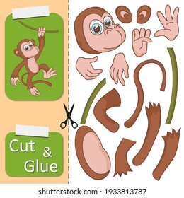Cut and glue the paper Chimpanzee. Create application the cartoon fun Ape. Education riddle entertainment and amusement for children. Kids logic game, activities jigsaw. Preschool worksheet activity.