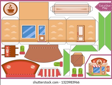 Cut and glue the paper a coffee shop. Childrens craft page. Worksheet with funny education riddle. Kids activity page. Create toys car yourself. Birthday decor. Vector illustration.