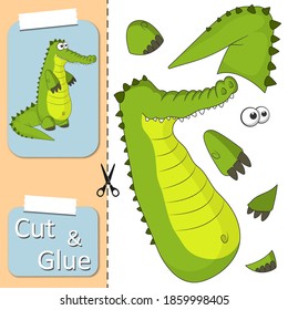 Cut and glue the paper Crocodile. Create application the cartoon fun Reptile. Education riddle entertainment and amusement for child. Kids logic game, activities jigsaw. Preschool worksheet activity.