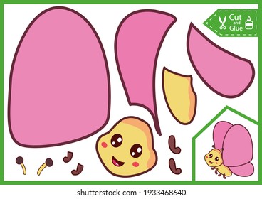 Cut and glue the paper a cute butterfly. Simple easy applique. Worksheet with education riddle. Children art game. Kids crafts activity page. Farm birthday party decoration. Vector illustration.