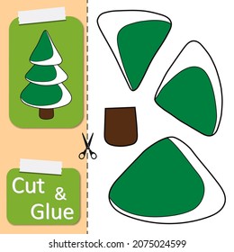 Cut and glue the paper cute Christmas Tree in snow. Create application the cartoon Tree. Christmas winter holiday design element for greeting card, decoration. Kids logic game and activities jigsaw.