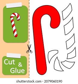 Cut and glue the paper cute Christmas candy cane. Create application the cartoon sweet. Christmas winter holiday design element for greeting card, decoration. Kids logic game and activities jigsaw.