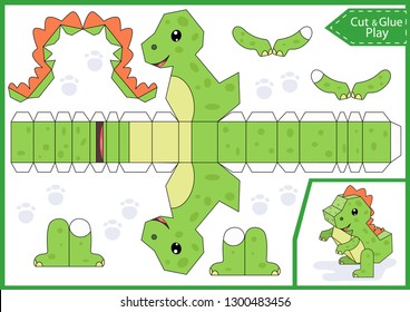 Cut and glue the paper a cute dinosaur. Worksheet with funny education riddle. Children art game. Kids crafts activity page. Create toys yourself. Birthday party decoration. Vector illustration.