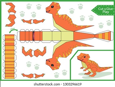 Cut and glue the paper a cute dinosaur velociraptor. Worksheet with funny education riddle. Children art game. Kids crafts activity page. Create toys yourself. Party decoration. Vector illustration.