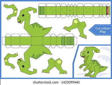 Cut and glue the paper a cute dinosaur parasaurolophus. Worksheet with education riddle. Children art game. Kids crafts activity page. Create toys. Birthday party decoration. Vector illustration.