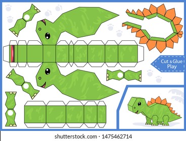 Cut and glue the paper a cute dinosaur stegosaurus. Worksheet with education riddle. Children art game. Kids crafts activity page. Dinosaur birthday party decoration. Vector illustration.