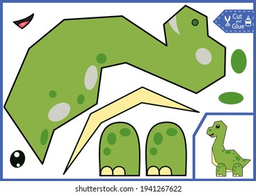 Cut and glue the paper a cute dinosaur. Simple easy applique. Worksheet with education riddle. Kids crafts activity page. Children art game. Birthday party decoration. Vector illustration.