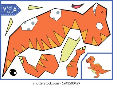 Cut and glue the paper a cute dinosaur. Kids craft activity art page. Simple easy worksheet with education riddle. Birthday party decoration. Vector illustration.