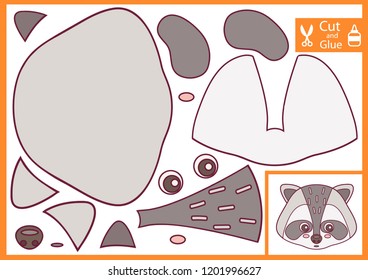 Cut and glue the paper a cute face raccoon. Worksheet with funny education riddle. Children art game. Kids crafts activity page. Create toys yourself. Birthday decor. Vector illustration.