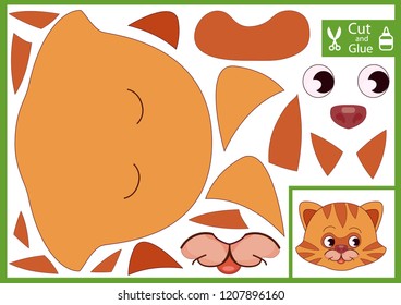 Cut and glue the paper a cute face cat. Worksheet with funny education riddle. Children art game. Kids crafts activity page. Create toys yourself. Birthday decor. Vector illustration.