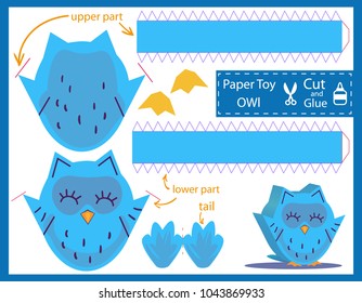 Cut and glue the paper cute funny owl. Kids art craft game and activities jigsaw. Children funny riddle entertainment and amusement. Create toys the cartoon bird yourself. Vector illustration.