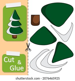 Cut and glue the paper cute New Year Tree. Create application the cartoon evergreen fir. Christmas winter holiday design element for greeting card, decoration. Kids logic game and activities jigsaw.