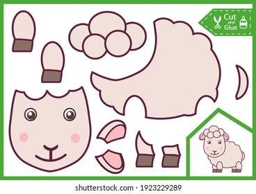 Cut and glue the paper a cute sheep. Kids crafts activity page. Simple children worksheet. Vector illustration.