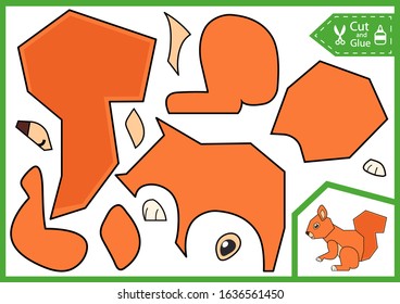 Cut and glue the paper a cute squirrel. Simple easy applique. Worksheet with education riddle. Children art game. Kids crafts activity page. Birthday party decoration. Vector illustration.