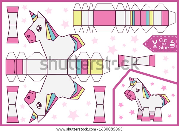 Cut and glue the paper a cute unicorn. Diy Miniature. Children craft worksheet. Art game. Kids crafts activity page. Create toys. 3d gaming puzzle. Birthday decor. Vector illustration.