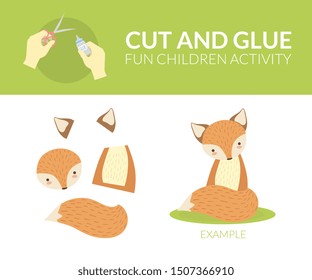 Cut and Glue Paper Educational Game for Preschool Kids, Fox Vector Illustration
