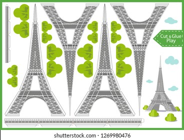 Cut and glue the paper a Eiffel Tower. Worksheet with funny education riddle. Children art game. Kids crafts activity page. Create toys car yourself. Birthday decor. Vector illustration.