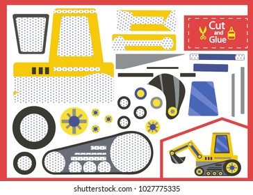 Cut and glue the paper excavation tractor. Children funny riddle entertainment and amusement. Kids art game and activities jigsaw. Create toys the cartoon tractor yourself. Vector illustration.