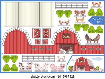 Cut and glue the paper a farm. Worksheet with funny education riddle. Children art game. Kids crafts activity page. Create toys yourself. 3d gaming puzzle. Birthday decor. Vector illustration.