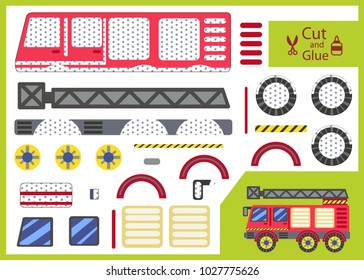 Cut and glue the paper fire truck. Children funny riddle entertainment and amusement. Kids art game and activities jigsaw. Create toys the cartoon firefighting car yourself. Vector illustration.