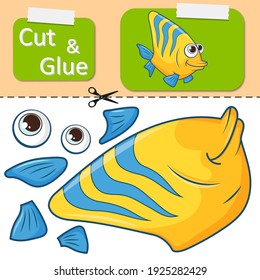 Cut and glue the paper Fish. Create application the cartoon fun Butterfly Fish. Education riddle entertainment or amusement for child. Kids logic game, activities jigsaw. Preschool worksheet activity