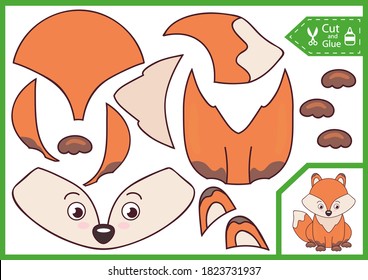 Cut and glue the paper fox. Children art game. Simple easy applique. Worksheet with education riddle. Kids crafts activity page. Birthday party decoration. Vector illustration.