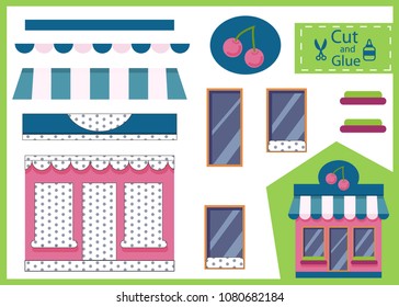 Cut and glue the paper fruit store. Children art game and activities jigsaw. Kids funny riddle entertainment and amusement. Create toys the cartoon building the store yourself. Vector illustration.