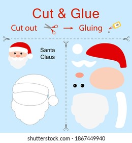 Cut and glue is the paper game for the development of preschool children. Cut parts of the image and glue on the paper. Santa Claus. Vector illustration in flat style