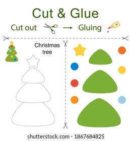 Cut and glue is the paper game for the development of preschool children. Cut parts of the image and glue on the paper. Christmas tree. Vector illustration in flat style