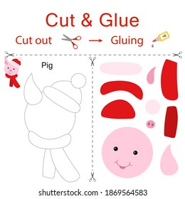 Cortar y pegar es el juego de papel para el desarrollo de niños preescolares. Cortar partes de la imagen y pegar en el papel. Cerdo. Ilustración vectorial en estilo plano